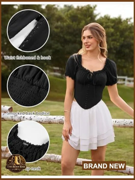 Corset Top Renaissance Blouse Off Shoulder Lace Square Neck Summer - Picture 6 of 7